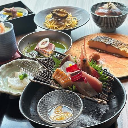 6月限定【會海鮮コース】お造り豪華個人盛・鱒の藁焼き・白老和牛炙り等　個別盛り料理八品
