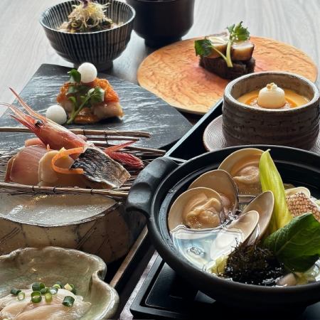 3月限定【魚吉海鮮コース 5,000円】お造り六点盛 はまぐり潮鍋 等料理七品/個別盛
