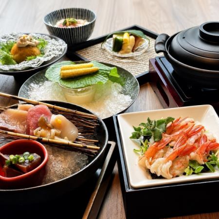 6月限定【魚吉海鮮コース 5,000円】お造り六点盛　海老しゃぶしゃぶ　等料理七品／個別盛