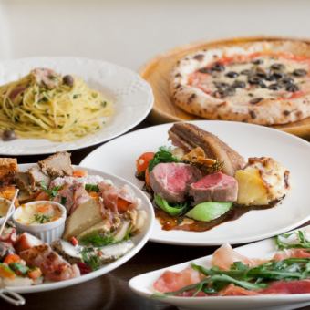【附2小时免费饮料】今天的PIZZA和意大利面一起推荐的套餐◇共5道菜◆6,600日元（含税）