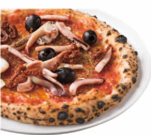 Squid, dried tomato and olive pizza
