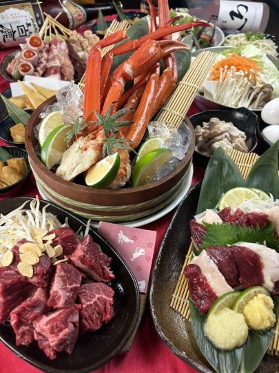 【豪華】年末派對套餐【包含120分鐘暢飲】9道菜,包括牛肉佐賀鐵板燒、雪蟹、蘑菇火鍋,5000日圓(含稅)