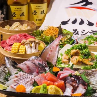 《ご宴会に◎》メインは鮮魚5点盛&長崎和牛セイロ蒸し［地酒やオリジナル酒等2H飲み放題付]