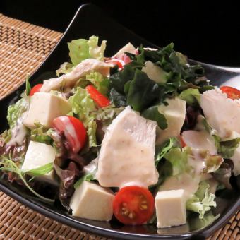 Tofu and chicken ham salad with sesame dressing