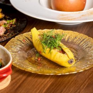 Banana and red shrimp tartare