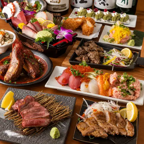 【豪華絢爛な山海の幸を堪能】豪華な刺身船盛りから絶品肉料理まで贅沢に勢揃いした至高のご宴会コース!