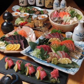 カツオの藁焼き塩タタキ/刺身4種盛/黒毛和牛炙り肉寿司など全9品！2H飲み放題付き6500円コース