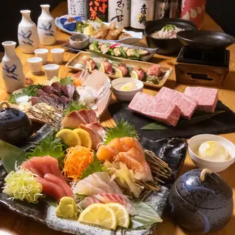 藁焼きカツオの塩タタキ/刺身4種盛/黒毛和牛肉寿司など全9品！2H飲み放題付き6500円コース
