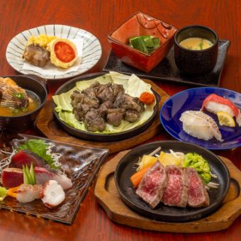 A safe welcome/farewell party with one dish per person! A five-item platter of Hyuga Sea food with grilled red sea bream, charcoal-grilled local chicken, Miyazaki beef steak + 2 hours of all-you-can-drink for 5,000 yen