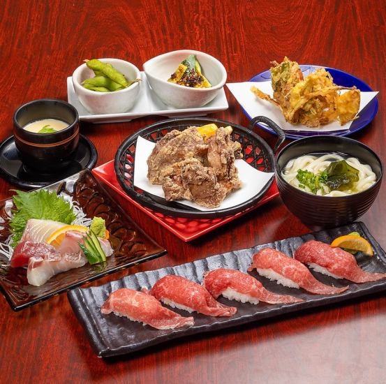 2 hours of all-you-can-drink (no draft beer) with 5 Miyazaki beef nigiri sushi and 4 Hyuga Nada sushi dishes for 3,500 yen (tax included)!
