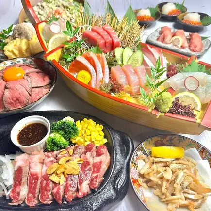 【Uogyu Premium Course★】9 dishes including seafood boat platter, meat sushi, steak, etc., with 2 hours of all-you-can-drink for 5000 yen (tax included)