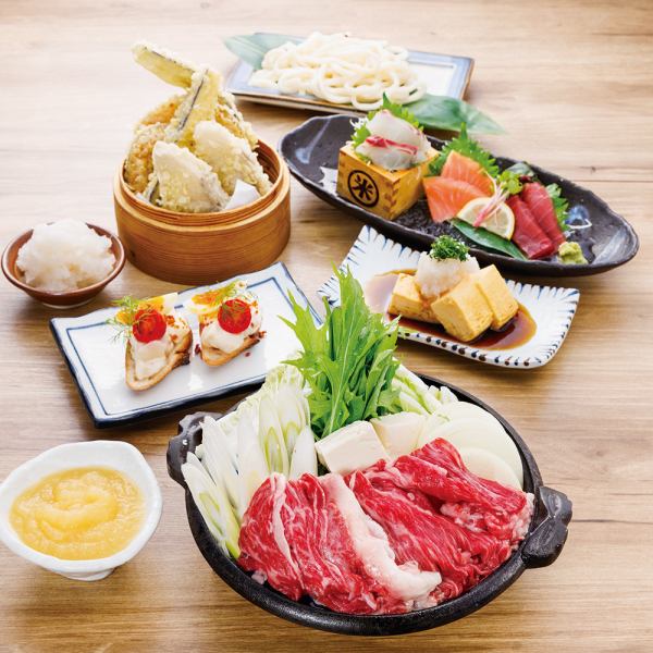 [Includes 120 minutes of all-you-can-drink] Specially selected Japanese beef "Sukiyaki" and Yonefuku's signature "Sashimi/Tempura" course