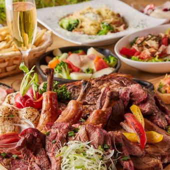 <附世界各國啤酒無限暢飲！ ！ > 共6道菜 ★肉類與世界各國啤酒套餐 ★3小時無限暢飲 4500日圓 ⇒ 4000日元