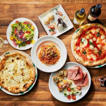 我们最爱的菜品：包含牛肉塔利亚塔、披萨和意面的豪华全套套餐——春季聚会的完美之选