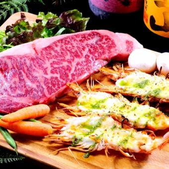 【豪华宴席】黑毛和牛牛排、炉烤虾、马肉刺身……【肉海鲜双份主菜】5,480日元