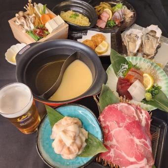◆豪华套餐◆“草烤鲣鱼”、“十胜和牛涮锅”等7道菜品+2色火锅【无限畅饮】5,000日元（含税）