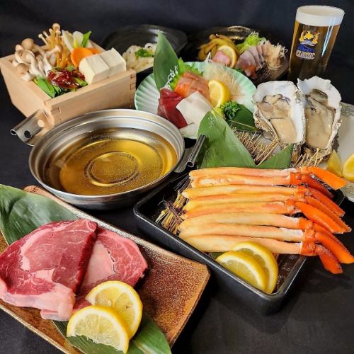 「特别推荐！」牡蛎、草烤鲣鱼、螃蟹涮锅、和牛牛排【含无限畅饮】7,000日元（含税）