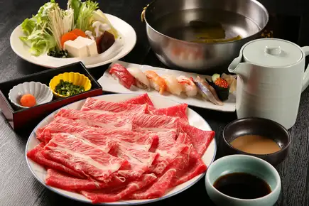 弁天套餐【无限量享用优质国产牛肉】+ 1份优质寿司:6750日元 → 5850日元