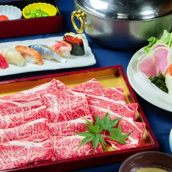 牛肉和豬肉涮涮鍋及壽喜燒自助餐 + 一份高級壽司 [Hotei] 5450日元 → 4650日元