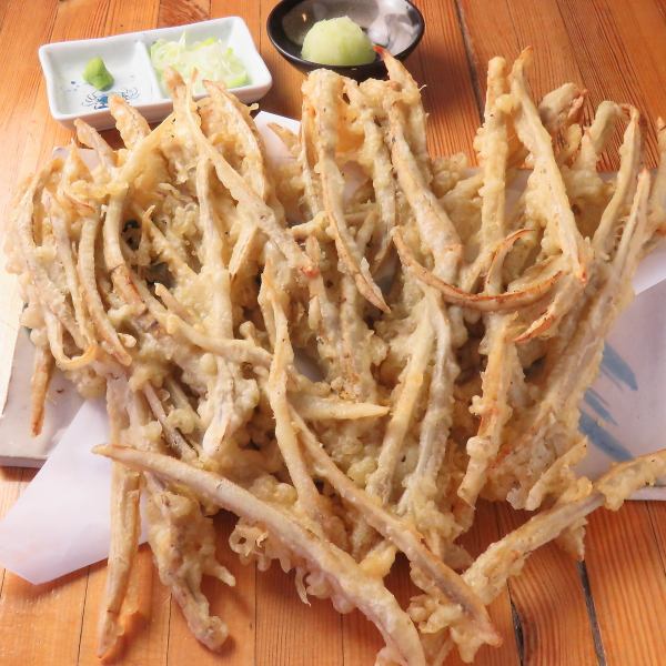 【名物のごぼう天】旬の旨みを閉じ込めた、職人仕立ての揚げたて天ぷらです。扇をイメージした圧巻の一品