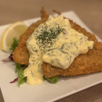 Fried horse mackerel with homemade takana (greens and mustard greens) tartar sauce