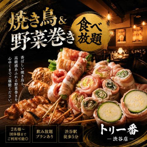 【SNS人気！】3時間飲み放題付き！焼き鳥&野菜巻き全40品食べ放題コース