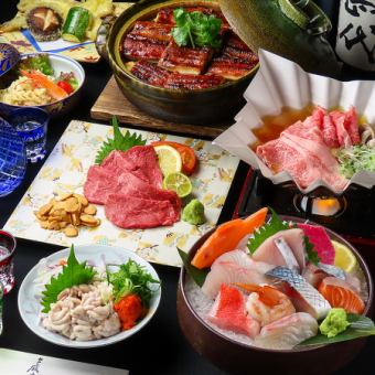 [Most popular] Wagyu beef shabu-shabu, 8 pieces of sashimi with fatty tuna, 9 dishes including eel rice in a clay pot + all-you-can-drink ⇒ 8,000 yen