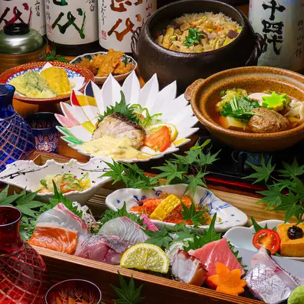 厳選中トロ付き鮮魚八種盛・真鯛の天ぷら・香味鳥土鍋・スズキのソテー等9品+飲み放題⇒7000円
