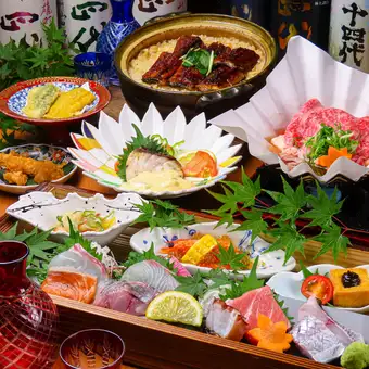 【一番人気】和牛のしゃぶしゃぶ、中トロ入りお造り8貫、鰻の土鍋ご飯等9品+飲み放題⇒8000円