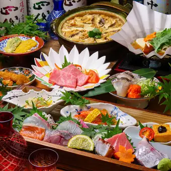 【県外の方の接待や観光に！】愛媛の鮮魚8種盛りや特選真鯛土鍋ご飯など10品+飲み放題⇒8000円