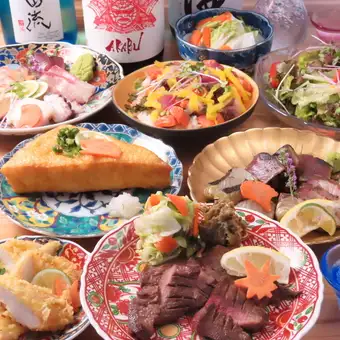 銘柄日本酒120分飲放付【仙台を満喫】仙台名物牛タンや三角揚げ、笹かま等全8品5000円(税込)