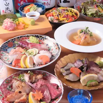 銘柄日本酒120分飲放付【贅沢三昧コース】美々名物藁焼き盛り等素材こだわり全10品6000円(税込)