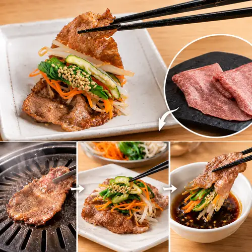 Enjoy a new style of yakiniku with our signature "yakishabu" (grilled shabu-shabu), featuring top-quality Omi beef wrapped in vegetables!