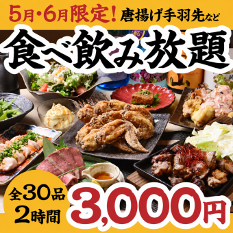 【食べ飲み放題】5・6限定!唐揚げ手羽先など含む全30品「エビス食べ飲み放題コース」3000円