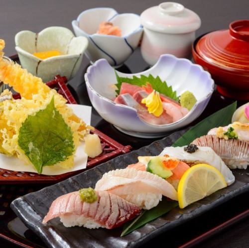 Special grilled sushi and tempura Japanese set