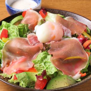 Caesar salad of prosciutto and hot spring eggs