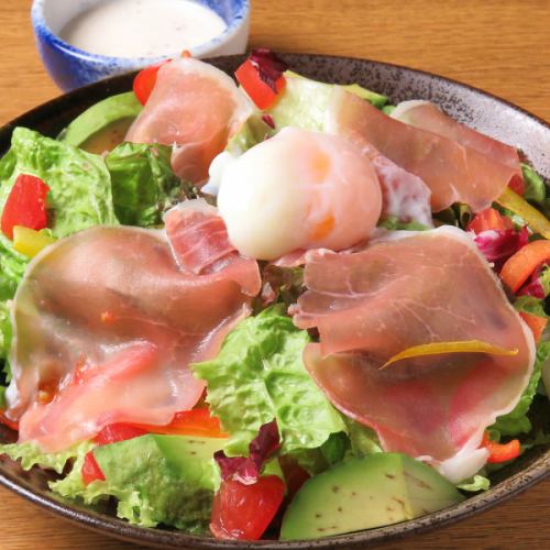 Caesar salad of prosciutto and hot spring eggs