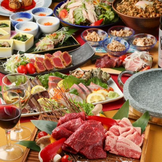 Our recommended ◆ Stone-grilled Japanese black beef short ribs/beef tongue/horse sashimi 2 types ``Seiryu course'' 120 types including draft beer 2 hours all-you-can-drink included