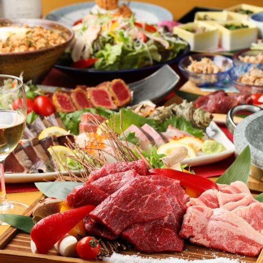 [Japanese Black Beef] Stone-grilled Japanese Black Beef Kalbi, horse meat sashimi platter, and 11 other dishes in total "Seiryu Course" with 2 hours of all-you-can-drink 6,500 yen