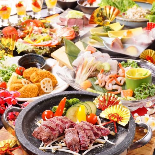 [Japanese Black Beef] Stone-grilled Japanese Black Beef Kalbi, horse meat sashimi, 3 kinds of sashimi, and 9 other dishes in total "Genbu Course" with 2 hours of all-you-can-drink 5,500 yen