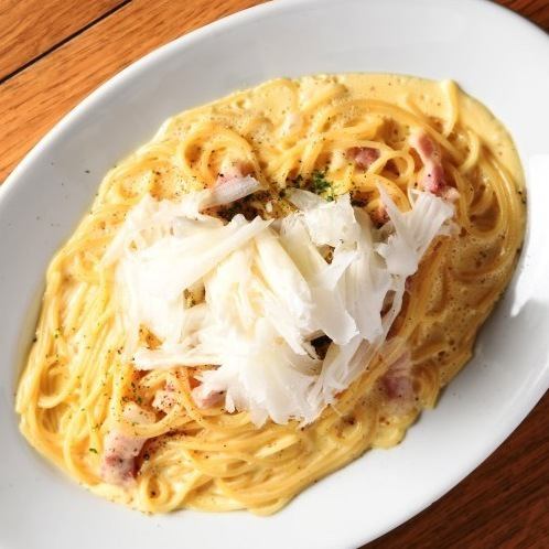 Carbonara with fluffy Lodigiano cheese and Italian pancetta (fresh pasta is great!)