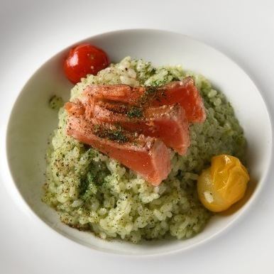 [Aichi Prefecture Rice, Aichi no Kaori] Basil Risotto with Kinuhime Salmon and Colorful Cherry Tomatoes