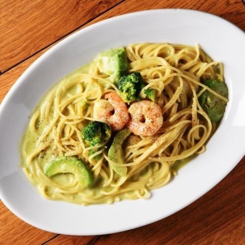 Plump shrimp and local broccoli in avocado cream sauce (fresh pasta is great!)