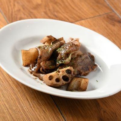 Balsamic saute of Tahara pork belly and Aisai lotus root