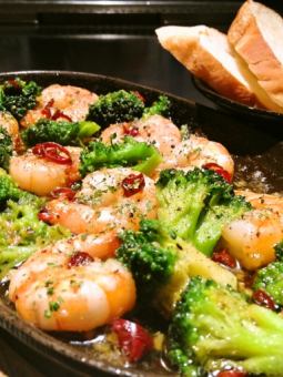 Melty broccoli and shrimp ajillo