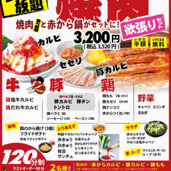 [Greedy Set] All-you-can-eat yakiniku and Akakara hotpot ♪ Extensive side menu ◆ 120 minutes, 40 dishes total, 3,520 yen (tax included)