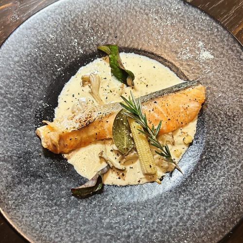 Salmon and mushroom truffle cream Romana style
