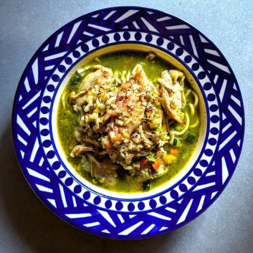 Grilled cheese and chicken soup pasta with basil flavor