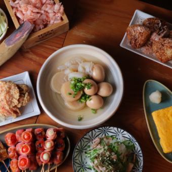 120 minutes of all-you-can-drink included. A 4,000 yen course featuring our prized bonito flakes, oden, thick omelet, and vegetable skewers!