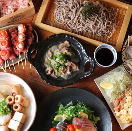 包含120分钟畅饮！尽享我们的招牌鲣鱼片、关东煮、刺身和荞麦面！人气5000日元套餐！